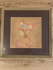 Original Signed Carla Watercolor Portrait Lady in Pink Bonnet Framed Mid Century