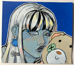 Trading Card Frankie Sleepover Acrylic Paint on Mixed Media Paper, 4 x 3.5 in