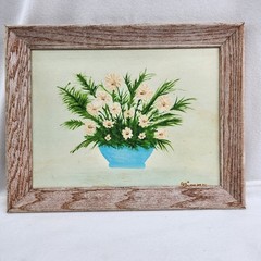Original Oil Acrylic Painting Green Floral Flowers White Daisy Shabby 14×11 Fram