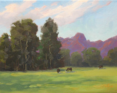 Jeff Love Art 8X10″ Original Oil Painting Cows Field Meadow Mountains Landscape