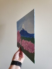 Handmade Painting Acrylic Art Panel 9x12x1/16in Decor Japan Mount Fuji Flowers