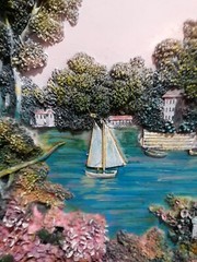 3D Embellished Ceramic Painting Canvas Coastal Portofino Framed 20×24″ Vintage