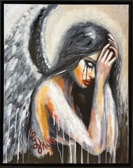 24×30 in. Framed Signed Original Oil Canvas Painting Angel Mourning Grief