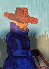 Cowboy Horse Rodeo Contemporary Blue Orig Art Painting By Artist, Free Shipping