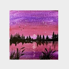Mini 4×4” Purple Moonlight Landscape Acrylic Canvas Panel w/Display Easel