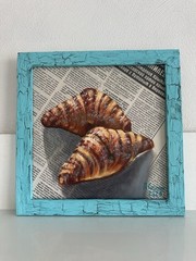 original oil painting Croissants On Newspaper 25x25cm Art For Kitchen Still Life