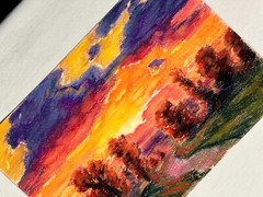 Original Art Soft Pastel Sunset Landscape Impressionism Vibrant Colors 29.5x21cm