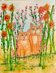 Original Painting 11×14″ orange Cats kittens garden flowers by Lynne Kohler