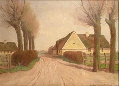 CHRISTIAN JENSEN VIRKLUND! LANDSCAPE WITH FARMHOUSES AT THE ROAD