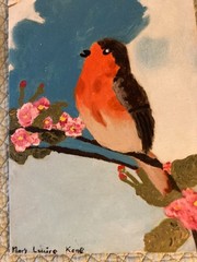 Pair Vtg Folk Art Oil Painting Naive 2 pictures American Birds Cherry Blossom