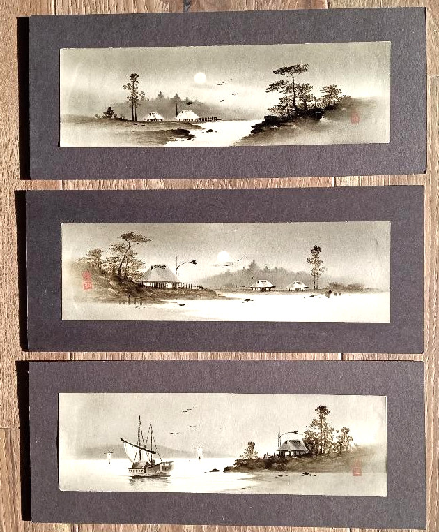 Set of 3 Vintage Japanese Ink Landscape Paintings – Mid-20th C. Sumi-e, Red Seal