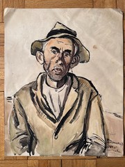 Vintage 1930s Watercolor and Ink Painting Portrait Man 19.5 x 15.5 OOAK 1935