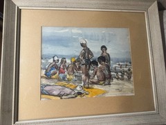 1978 „Figures On Beach Scene“ Pen/Ink/Watercolor Painting – Signed And Framed
