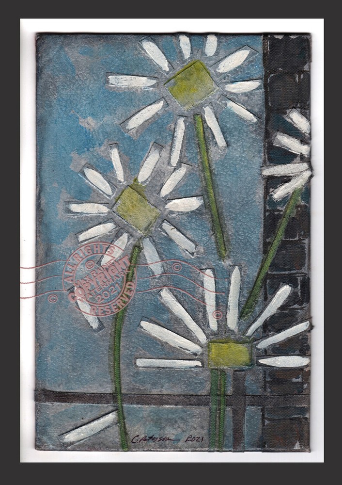 Daisies + Blue Sky 2021 C Peterson * Original Signed Painting * Cheerful Collage