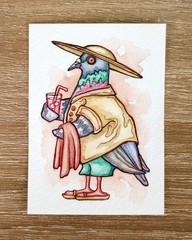 Original ACEO: Backyard Birds With Beverages, Pigeon with Pink Lemonade Cartoon