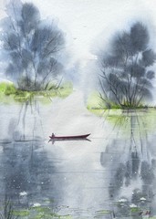 Morning relax spring day reflection river Fishing Original Watercolor 12’’x16’’