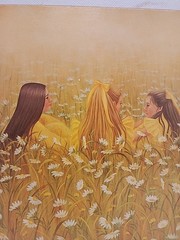 1976 Shiela Dowdell Painting Plaque, 3 Girls In Field Two Brunette One Blonde