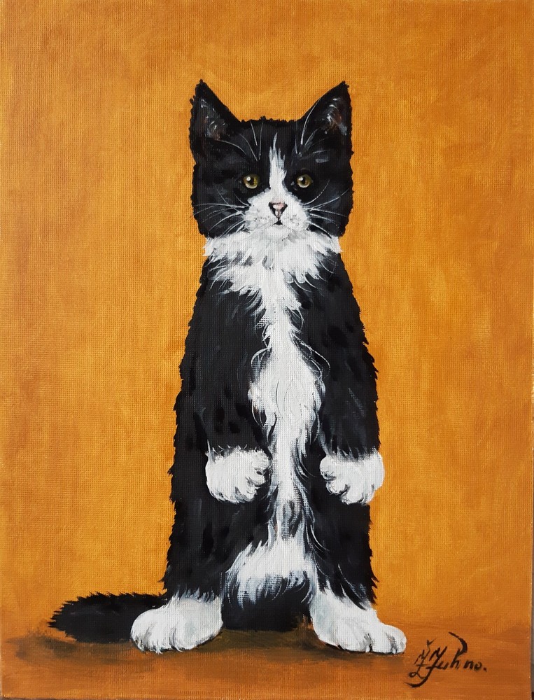 Black and White Cat Painting Cat Green Eyes Oil Artwork 12 by 9 Animal Art