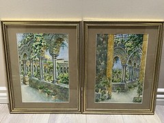 Set of 2 G. Calarsia Original Watercolor Painting Garden Scene, Signed, Framed