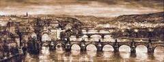 Watercolour city view panorama Prague at night Vltava Charles Bridge St. Vitus Cathedral