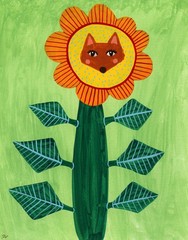 Red Fox Flower Painting, Fantasy Animal Art 8×10
