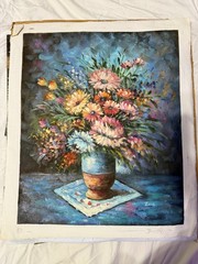 Vintage Floral Still Bouquet Vase Oil Painting Colorful Flowers Tabletop Art