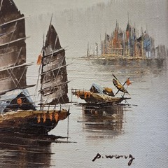 P. Wong Chinese Fishing Junk Boats Oil on Canvas Painting Nautical Brass Frame