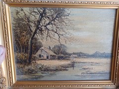 1957 Beltman Holland Oil Painting Riverside Cottage Landscape „Winter“ McM