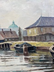 Impressionist Einar Gross 1895-1962 Boats in City Harbour Oil Painting, Framed