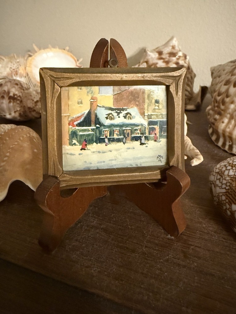 WM MITCHELL GENUINE MINIATURE WATERCOLOR (BOOKSTORE 1930s) in CARVED WOOD FRAME