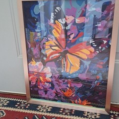 Abstract Framed Butterfly & Flowers Painting – Large Nature Floral Wall Art