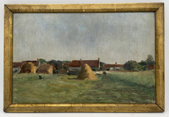19th Impressionism Signed – Barbizon Oil Canvas – Landscape at Haystacks