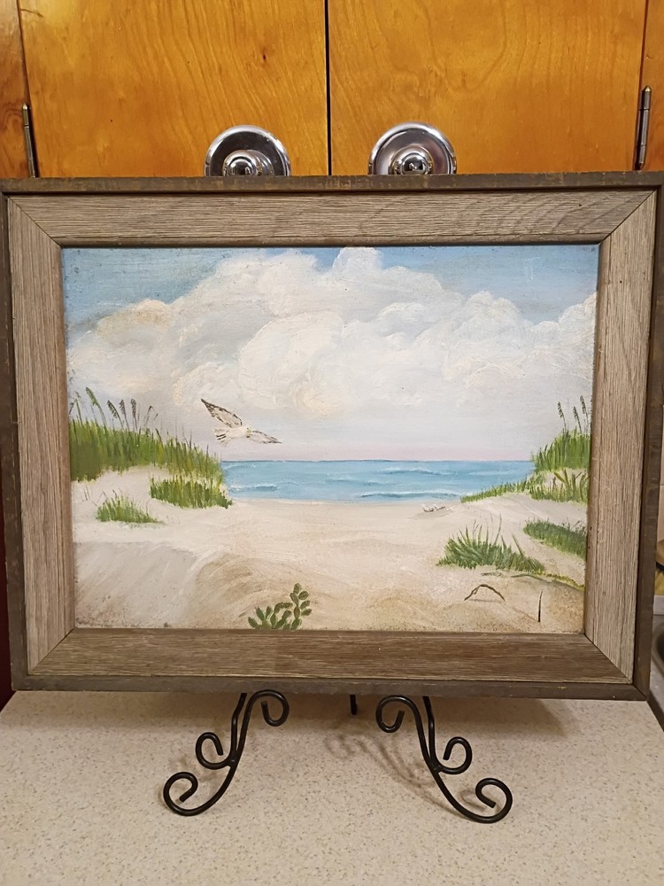 Oil Painting On Canvas With Beach Scene Unsigned Beautiful Rustic Frame 19″X 15″