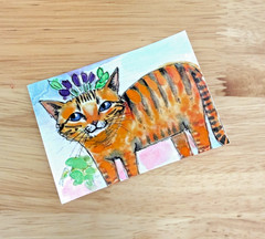 Original Tabby Cat ACEO Watercolor Painting Blue Eyed Cat OOAK Mini Art