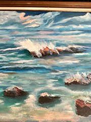V. Lund – Oil Canvas Framed Painting – 32×44 (Sea, Ocean, Waves, Clouds, Rocks)