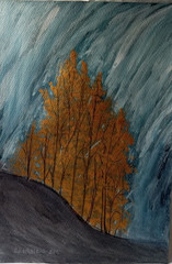 Original watercolor paINTING Waterfall and golden trees landscAPEGIFT11,5X7,7IN