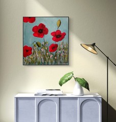 Mary Myers Original Red Poppies 14×14 Acrylic Signed Expressionist Floral
