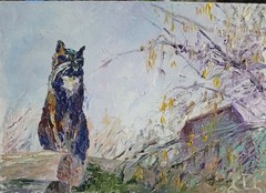 Painting „Cat Sitting on a Log.“ Oil on hardboard. 5×7 inc.Handmade. 2026.
