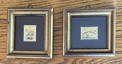2 MCM ItalyMiniature 23kt Oro Folgio Gold Leaf Framed Prints Boat Cityscape Art