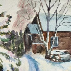 Winter Village painting, Original landscape art, Watercolor snowy wall art