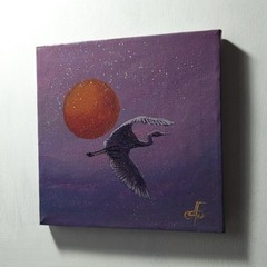 Original Acrylic Bird Painting Crane Sunset Impressionist Landscape Canvas Art