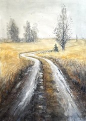 Wheat field Country Road 34″x24″ Watercolor Painting, Autumn Landscape