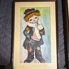 Signed Framed Matted Clown Child Figurative Painting on Paper, Circus Theme