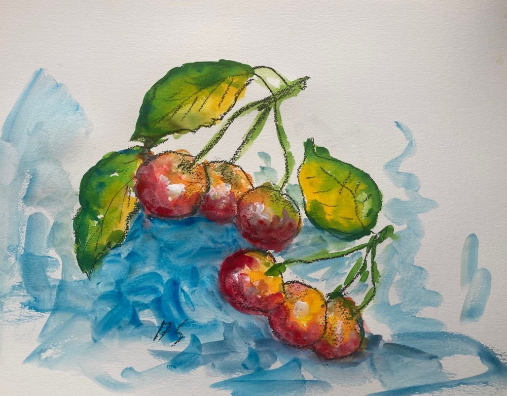 Cherries Original Watercolor PAINTING Impressionism 20×15 in cv8