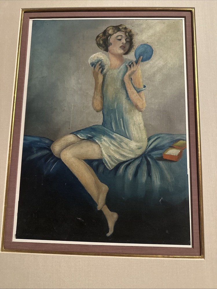 Art Deco Painting Of A Flapper Female Powdering Her Face. Oil On Canvas