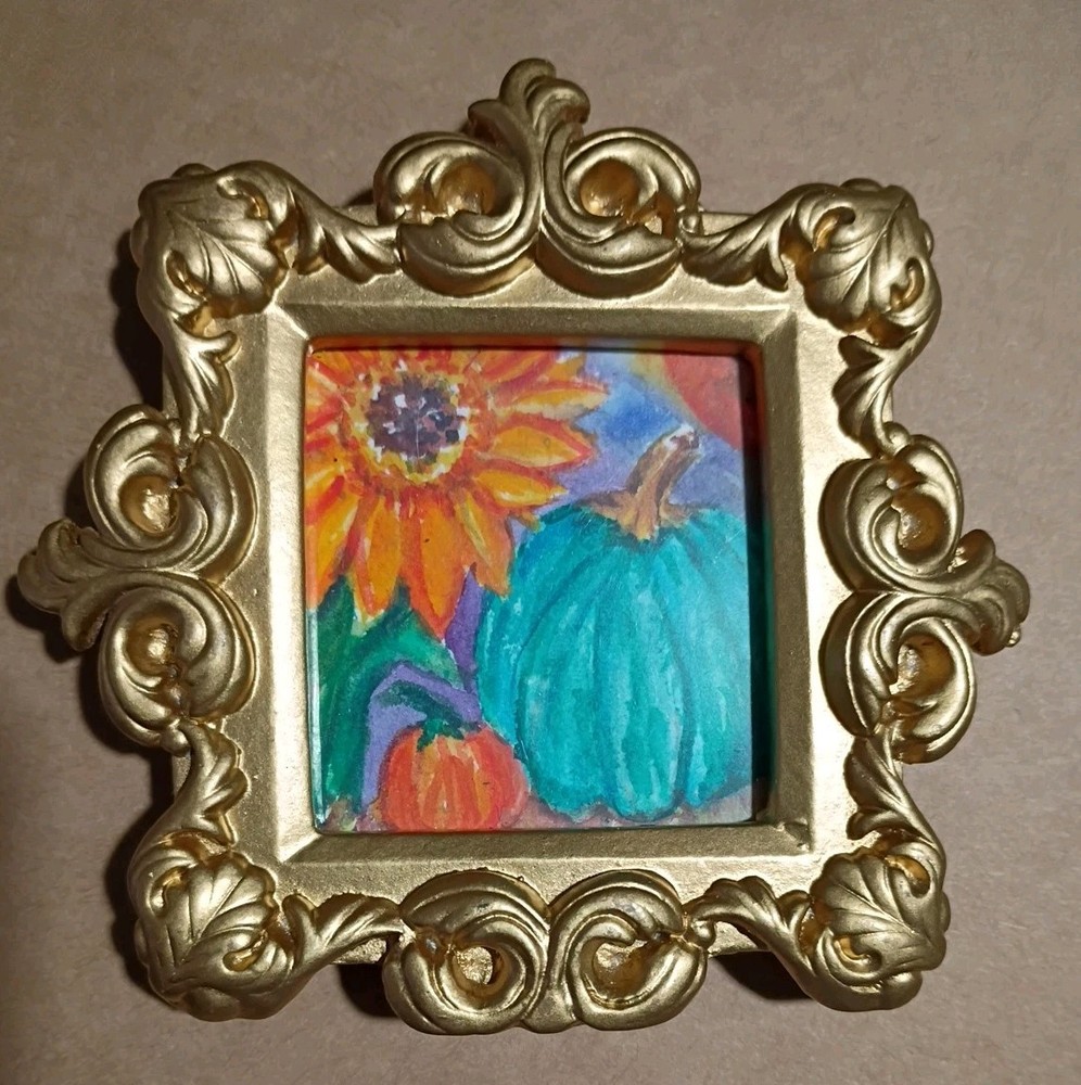 Sunflower pumpkin Field Original Watercolor Painting, Gold Mini Frame, Not ACEO