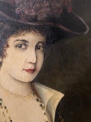 Antique Oil Portrait Lady in Red Dress Hat Pearls Framed Canvas As-Is