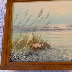 Vintage ocean seascape oil painting signed hand painted grass dunes