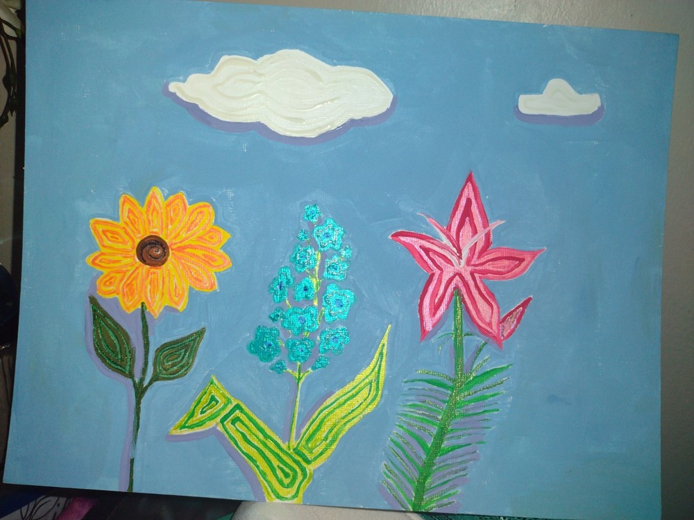 Flowers Sky & Clouds Painting, Contemporary Illustration Art, Unframed