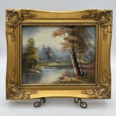 Vintage Landscape River Scene Oil Painting Ornate Gold Frame 11”x 13” Unsigned